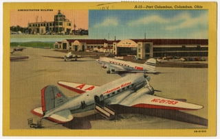Image: postcard: American Airlines, TWA, Douglas DC-3, Columbus Airport