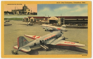 Image: postcard: American Airlines, TWA, Douglas DC-3, Columbus Airport