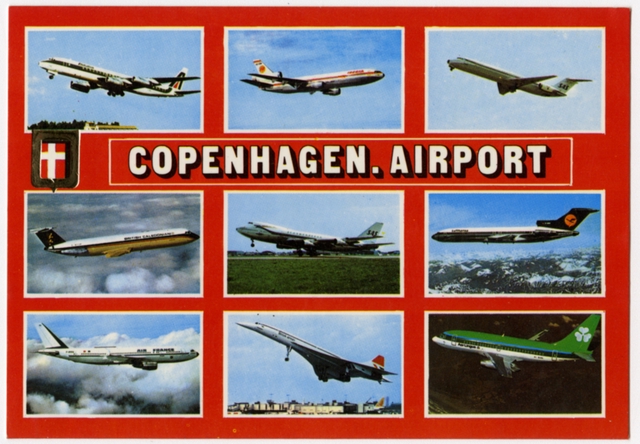 Postcard: Copenhagen Airport, Alitalia, Iberia, SAS, British Caledonian, Lufthansa, Air France, Aer Lingus, Douglas DC-8, Douglas DC-10, Douglas DC-9, BAC One-Eleven, Boeing 747, Boeing 727, Airbus A300, Concorde, Boeing 737-100