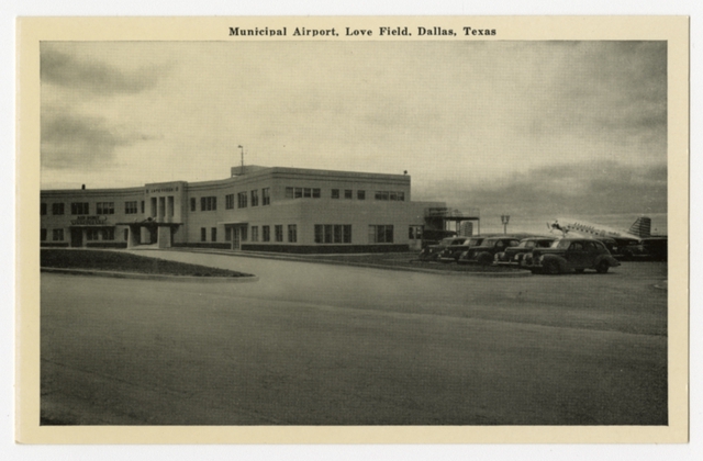 Postcard: Dallas Love Field Municipal Airport, Braniff, Douglas DC-3