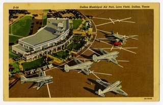 Image: postcard: Dallas Love Field, Douglas DC-3, Braniff Airways