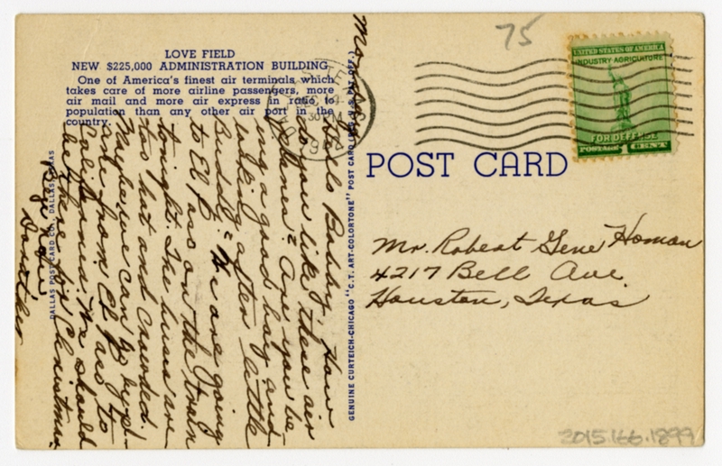 Image: postcard: Dallas Love Field, Douglas DC-3, Braniff Airways