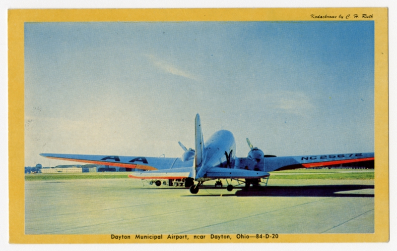 Image: postcard: American Airlines, Douglas DC-3,  Dayton Municipal Airport