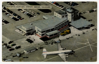 Image: postcard: Stapleton Municipal Airport, United Air Lines, Douglas DC-6