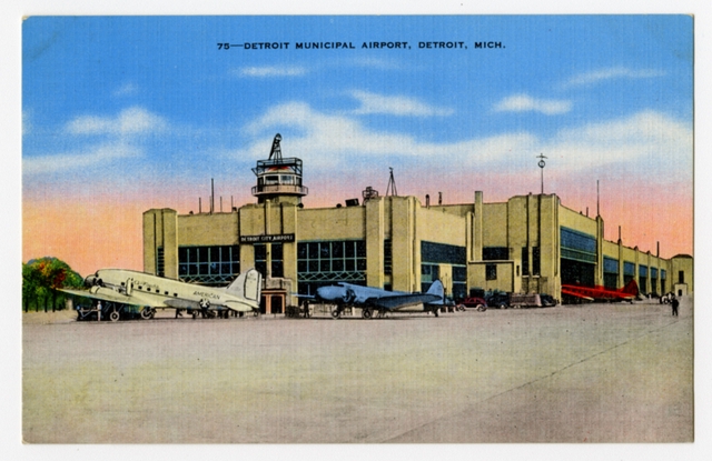 Postcard: Detroit Municipal Airport, Douglas DC-3