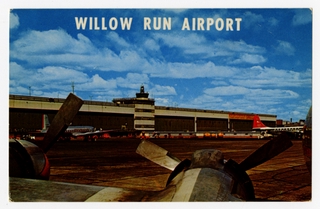 Image: postcard: Detroit Willow Run Airport, Northwest Airlines, American Airlines, Boeing 377 Stratocruiser, Douglas DC-7
