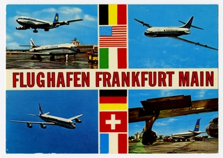 Image: postcard: Frankfurt Main Airport, Air France, Lufthansa, Pan Am, Sabena, Boeing 707, Sud Aviation Caravelle