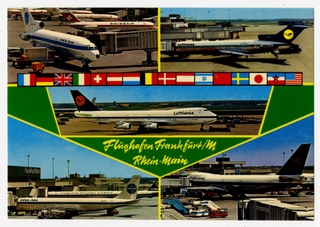 Image: postcard: Frankfurt Main Airport, Pan American World Airways, Lufthansa, Boeing 727, Boeing 747