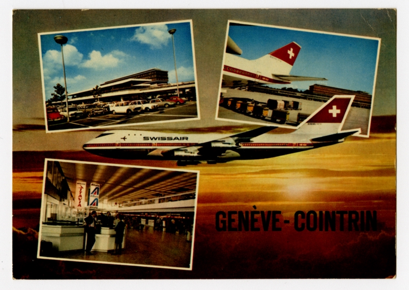 Image: postcard: Swissair, Boeing 747, Geneva Cointrin Intercontinental Airport
