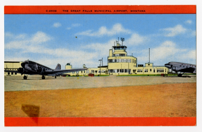 Image: postcard: United Airlines, Douglas DC-3, Great Falls Municipal Airport