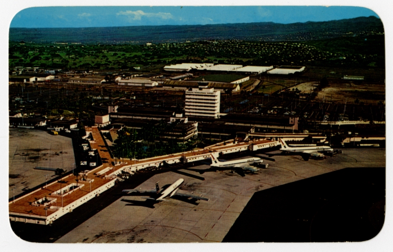Image: postcard: Honolulu International Airport, United Air Lines, BOAC, Boeing 707, Douglas DC-8