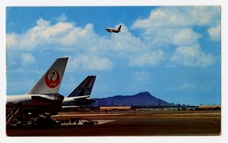 Image: postcard: JAL, United, Boeing 747, Honolulu International Airport, Diamond Head