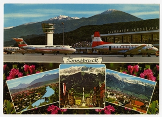 Image: postcard: Austrian Airlines, British Eagle, Hawker Siddeley HS.748, BAC One-Eleven, Innsbruck Airport