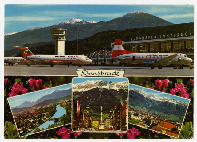 Postcard: Austrian Airlines, British Eagle, Hawker Siddeley HS.748, BAC One-Eleven, Innsbruck Airport