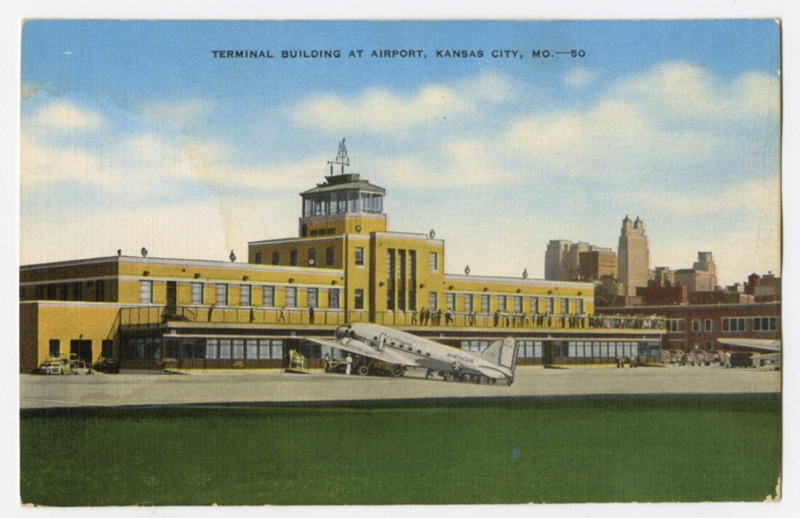 Image: postcard: American Air Lines, Douglas DC-3,Kansas City Municipal Airport