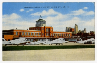 Image: postcard: TWA, Douglas DC-3, Kansas City Municipal Airport