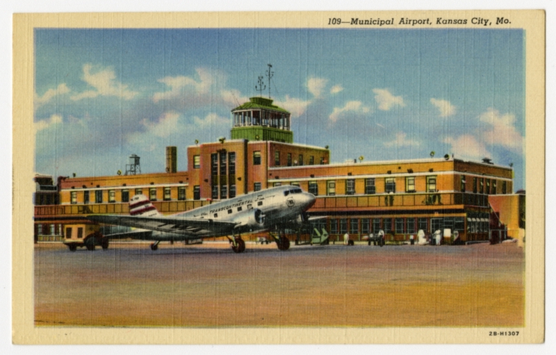 Image: postcard: TWA, Douglas DC-3, Kansas City Municipal Airport