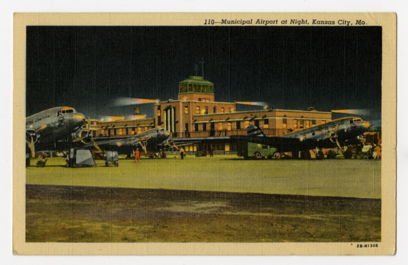 Image: postcard: TWA, Douglas DC-3, Kansas City Municipal Airport