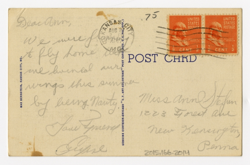 Image: postcard: TWA, Douglas DC-3, Kansas City Municipal Airport