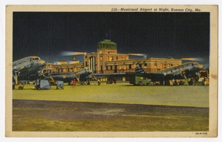 Image: postcard: TWA, Douglas DC-3, Kansas City Municipal Airport