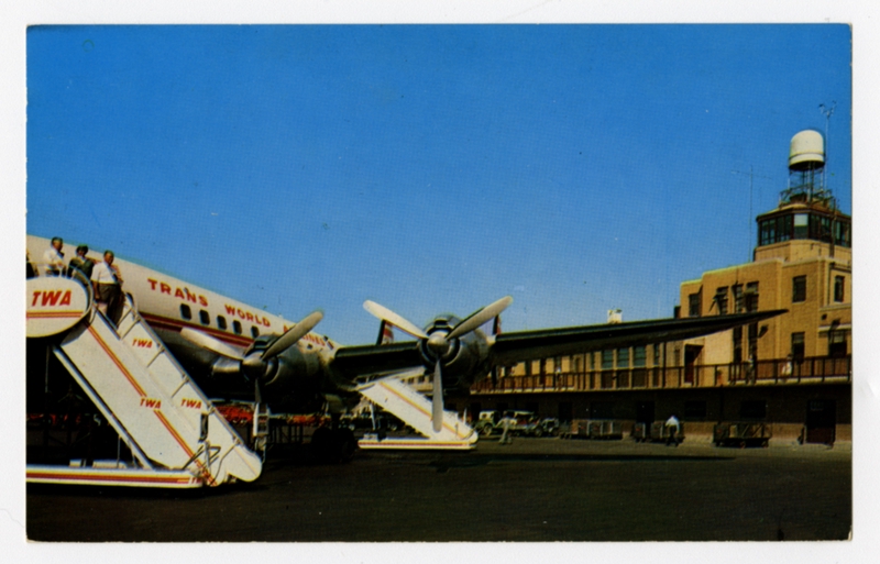 Image: postcard: TWA, Lockheed Constellation, Kansas City Municipal Airport