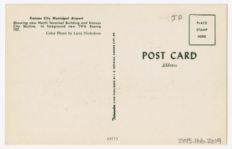 Image: postcard: TWA, Boeing 707, Kansas City Municipal Airport