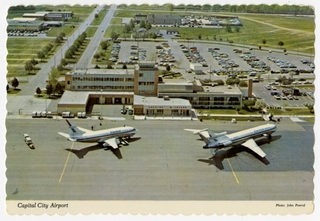 Image: postcard: Capital City Airport, United Air Lines, Boeing 737, Boeing 727