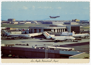 Image: postcard: Los Angeles International Airport, United Air Lines, Boeing 727, Douglas DC-7 (right)