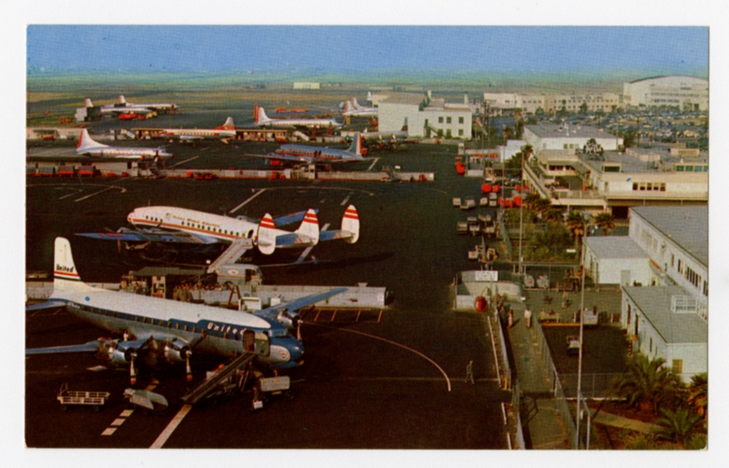 Image: postcard: Los Angeles International Airport, United Airlines, TWA, Douglas DC-7, Lockheed Constellation