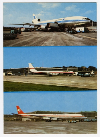 Postcard: Icelandic, Caribbean Airways, Air Bahama, Douglas DC-10, Boeing 707, Douglas DC-8, Luxembourg Airport