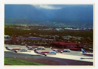 Image: postcard: Maui Airport, Hawaiian Air, United Airlines, Douglas DC-9, Douglas DC-8