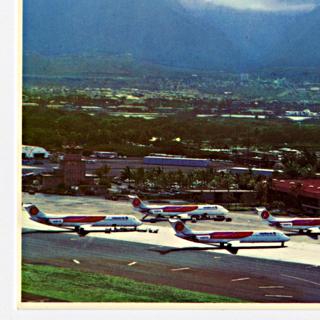 Image #1: postcard: Maui Airport, Hawaiian Air, United Airlines, Douglas DC-9, Douglas DC-8