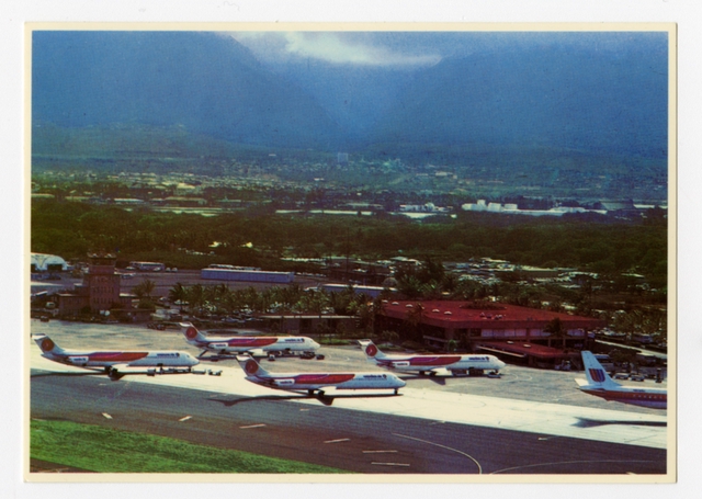 Postcard: Maui Airport, Hawaiian Air, United Airlines, Douglas DC-9, Douglas DC-8
