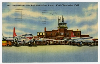 Image: postcard: Northwest Airlines, Boeing 377 Stratocruiser, Convair 580, Minneapolis - St. Paul Metropolitan Airport