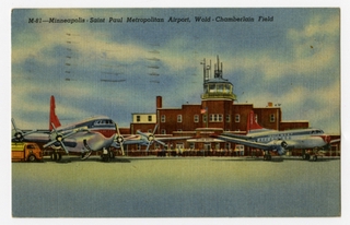 Image: postcard: Northwest Airlines, Boeing 377 Stratocruiser, Convair 580, Minneapolis - St. Paul Metropolitan Airport