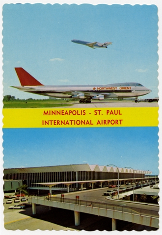 Postcard: Northwest Orient, Boeing 747, Minneapolis-St. Paul Metropolitan International Airport