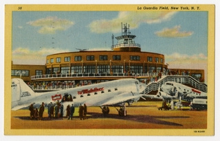 Image: postcard: LaGuardia Field, New York Municipal Airport, United Air Lines, Douglas DC-3
