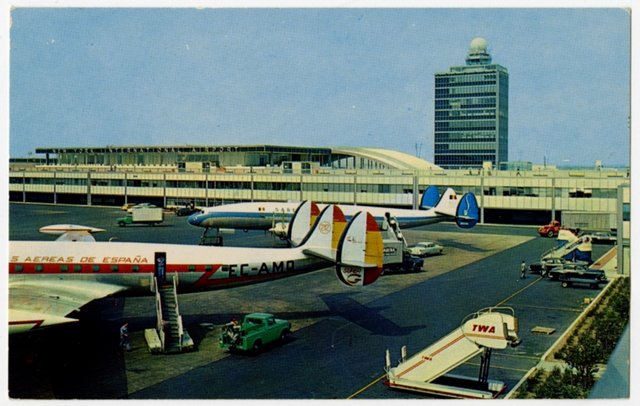 Postcard: New York International Airport, Lockheed Constellation, Iberia Airlines, Sabena Belgian Airlines