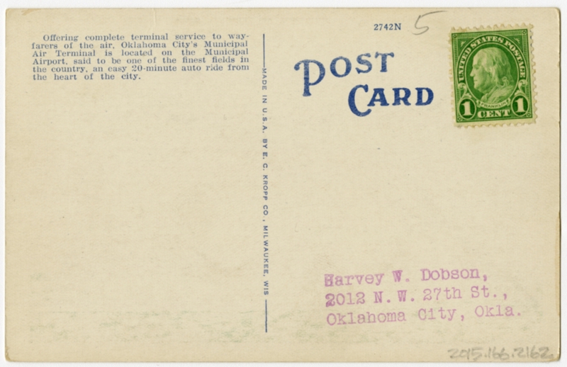 Image: postcard: Oklahoma City Municipal Air Terminal, Lockheed Vega