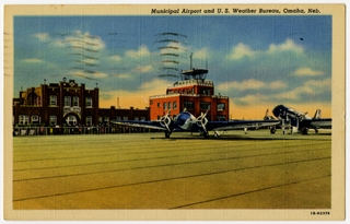 Image: postcard: Omaha Municipal Airport, Boeing 247, Douglas DC-3, United Airlines