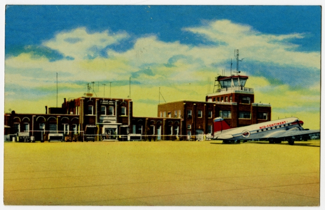 Postcard: Omaha Municipal Airport, Mid-Continent Airlines, Douglas DC-3