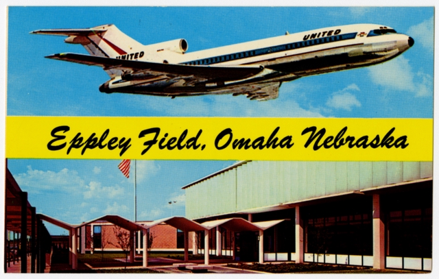 Postcard: Eppley Field, Omaha, United Air Lines, Boeing 727