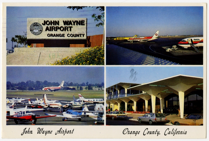 Image: postcard: John Wayne Airport, AirCal, Western Airlines, Frontier, Hughes Airwest, Douglas DC-9, Boeing 737-100, Beechcraft, Cessna Citation