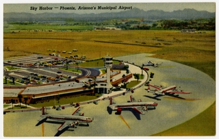 Image: postcard: Sky Harbor Municipal Airport, American Airlines, TWA, Douglas DC-6, Lockheed Constellation, Douglas DC-3