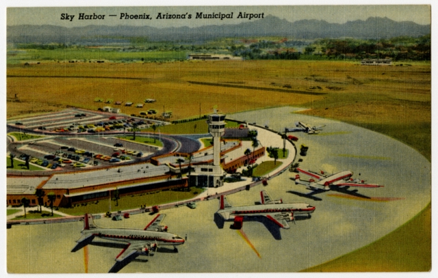 Postcard: Sky Harbor Municipal Airport, American Airlines, TWA, Douglas DC-6, Lockheed Constellation, Douglas DC-3