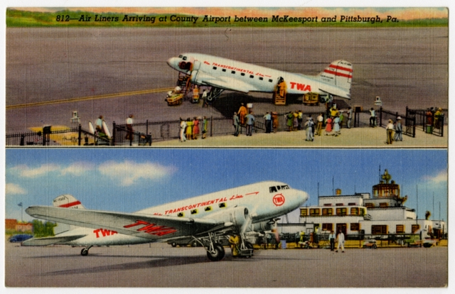 Postcard: Allegheny County Airport, TWA, Douglas DC-3