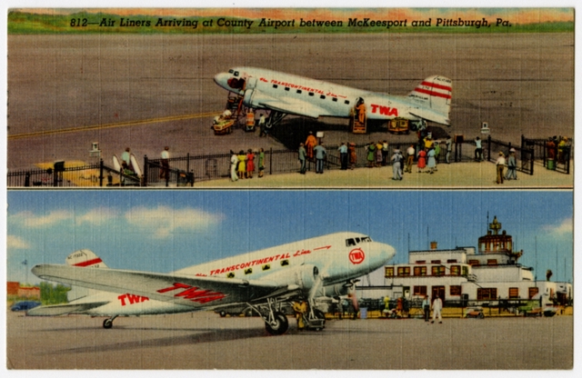 Postcard: Allegheny County Airport, TWA, Douglas DC-3