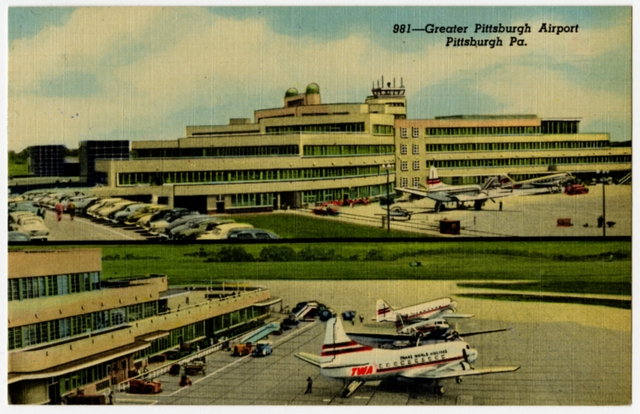 Postcard: Greater Pittsburgh Airport, TWA (Trans World Airlines), Douglas DC-3