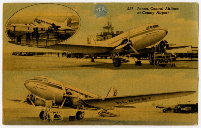 Postcard: Allegheny County Airport, Pennsylvania Central Airlines, Douglas DC-3