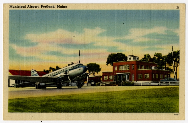 Postcard: Northeast Airlines, Douglas DC-3, Portland Municipal Airport (Maine)
